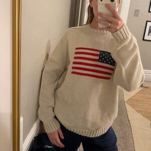 Lands' End Beige Crewneck Sweater with American Flag Design